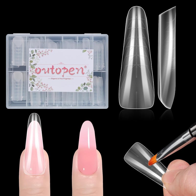 Outopen 150pcs Long Straight Stiletto Dual Nail Forms Clear Full Cover Nail Extension Art Mold with Scale Reusable Nail Forms for Polygel Acrylic Extension Beginners DIY Manicure, 15 Sizes - Image 1